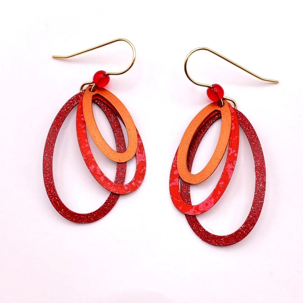 ADAJIO Earrings Left Hand Studios GF Hooks Three Red Layered Ovals Sienna Sky